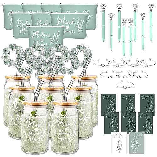 Irenare Pcs Bridesmaid Proposal Gifts Maid of Honor Gifts Bridal Shower oz Glass Cups Cosmetic Makeup Bags Invited Cards Scrunchies Hair Knotted Bracelets Diamond Pens (Green)