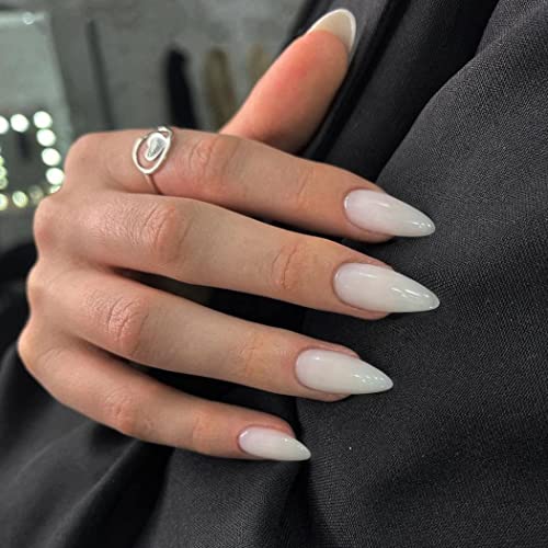 Ivory White Press on Nails Medium Stiletto Almond,KQueenest Pure Color Acrylic Nails Kit Reusable Fake Nails with Feature Protective UV Coating for Women Nail Art Manicure in 