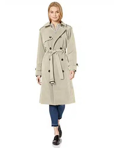London Fog Women's Double Breasted Length Belted Trench Coat, Stone, L Large