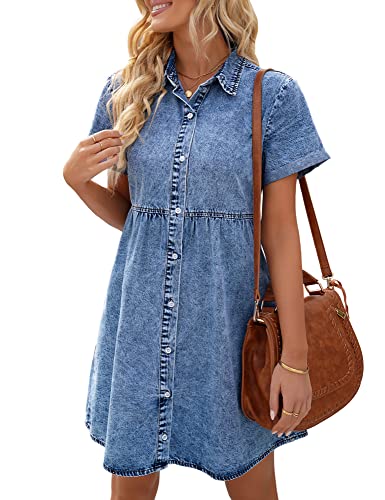 LookbookStore Denim Dress Womens Denim Babydoll Dress Short Sleeve Oversized Dress Lapel Collared Casual Dress for Women Summer Reef Blue Size L Babydoll Jean Dress ,