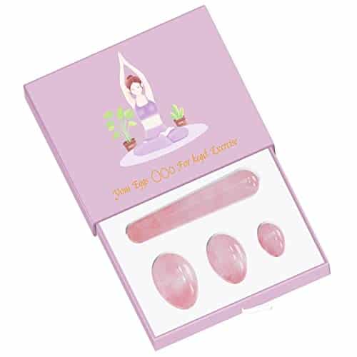 MYMEO Rose Quartz Yoni Egg Massage Stick Set Natural Pink Crystal Stone Love Eggs Drilled and Undrilled Egg Kegel Exercise Massager,Undrilled with Box