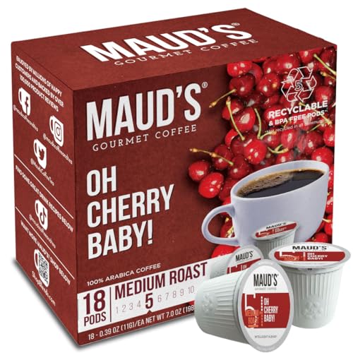 Maud's Cherry Flavored Coffee (Oh Cherry Baby!), ct. Solar Energy Produced Recyclable Single Serve Cherry Holiday Flavored Coffee Pods  % Arabica Coffee California Roasted, KC