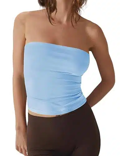 Meladyan Womens Solid Strapless Tube Tops Sleeveless Backless Bandeau Basic Causal Slim Fit Crop Tops Summer Outfits Blue