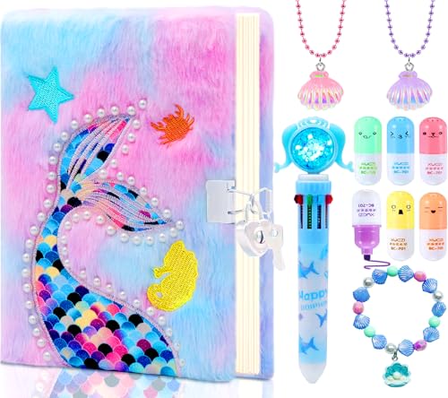 Mermaid Diary for Girls with Lock and Keys Kit   Princess Diaries Secret Notebook Journal for girls Christmas gifts   Cute Stationery School Supplies With colorful pen highlig