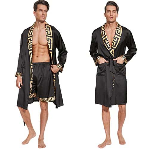 N&D Eyong Men's Luxurious Silk Bathrobes Long Sleeve Satin Kimono Robe with Shorts Sleepwear Set Printed Bathrobes (X Large)