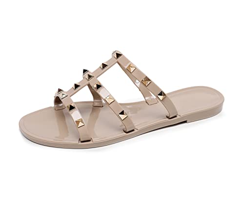 OMGard Jelly Shoes for Women , Beige Studded Jellies Flat Sandals Summer Beach Rivets Strappy Slide Slip On Open Toes