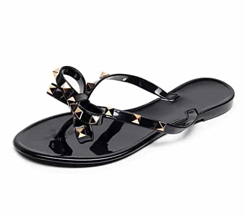 OMGard Studded Jelly Shoes for Womens Bow Flip Flops Jellies Sandals Flat , Black Summer Beach Thong with Rivets Strappy Slides Slip On