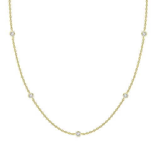 PAVOI K Yellow Gold Plated Station Necklace  Simulated Diamond By The Yard Necklace  Womens CZ Chain Necklace