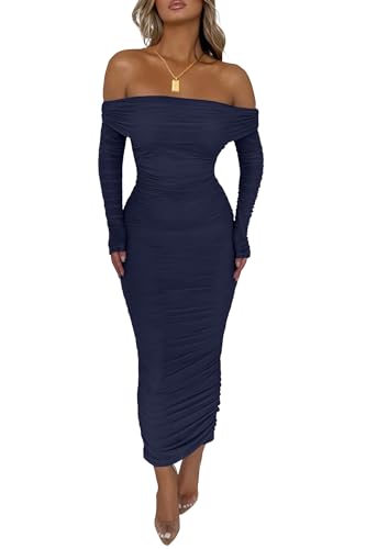 PRETTYGARDEN Women's Fall Off Shoulder Maxi Bodycon Dress Long Sleeve Ruched Fitted Club Dresses with Slit (Navy,Large)