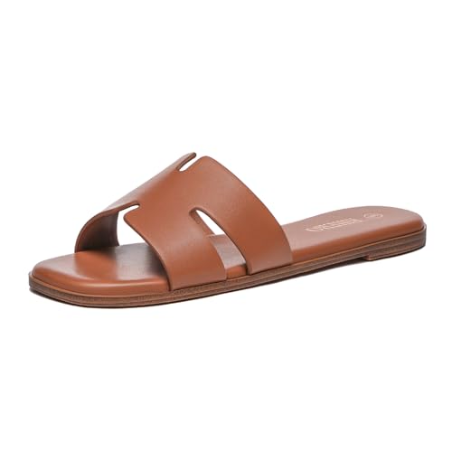 Rihero Women's Dressy Flat Sandals Comfortable Slip On Leather Slide Tan Sandals