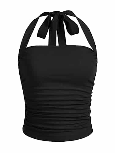 SOLY HUX Women's Ruched Halter YK Crop Tops Tie Back Sleeveless Slim Fit Cami Tops Plain Black M
