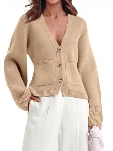 Saodimallsu Womens Deep V Neck Cardigan Sweaters Open Front Button Down Long Sleeve Cropped Knit Coats with Pockets Khaki