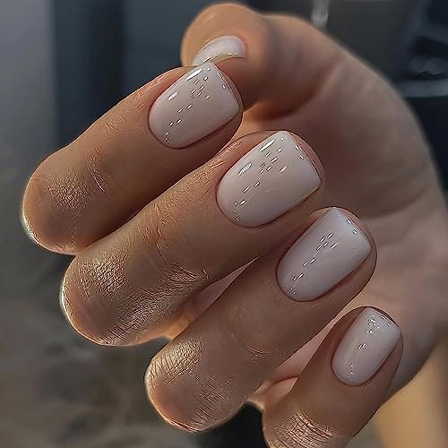 Short Press on Nails Square Summer Fake Nails Milky White False Nails with Solid Color Designs Acrylic Nails Glossy Full Cover Nail Tips for Women Girls Artificial Nails Pcs