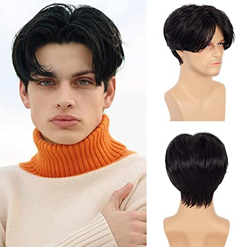 Swiking Men Wigs Short Black Straight Middle Part Synthetic Hair for Male Guy Daily Cosplay Party Wigs with Cap (Black)