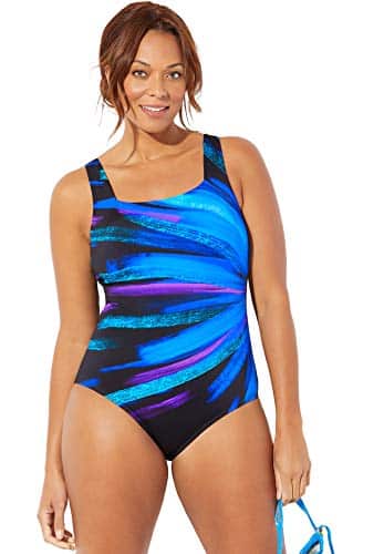 Swimsuits For All Women's Plus Size Chlorine Resistant Square Neck One Piece Swimsuit Blue Starburst Black
