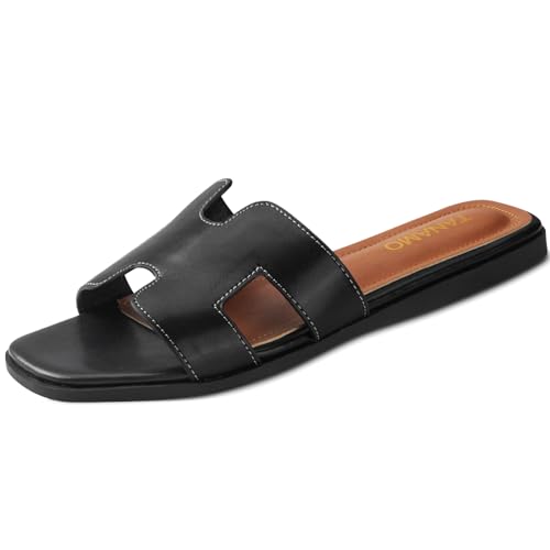 Tanamo Womens Sandals Slip on Fashion Slides Sandals Women Dressy Summer Flat Sandals Square Open Toe Casual Beach Black