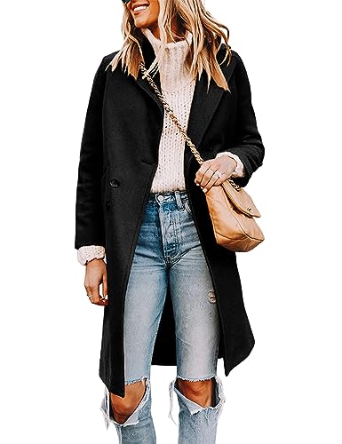 Tanming Women's Notch Lapel Double Breasted Wool Blend Mid Long Pea Trench Coat (Black S)