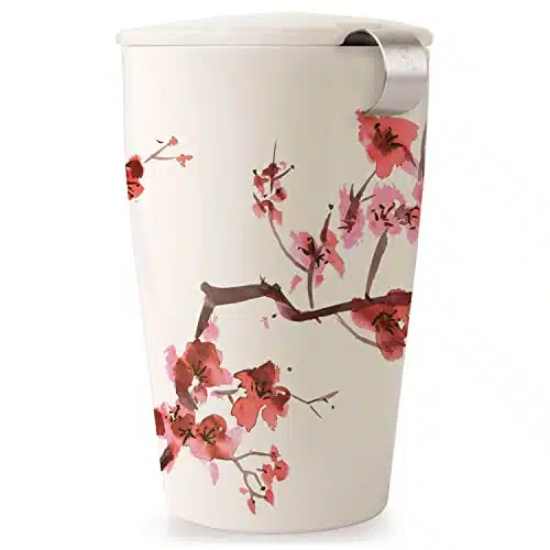 Tea Forte Kati Cup Ceramic Tea Infuser Cup with Infuser Basket and Lid for Steeping, Cherry Blossoms
