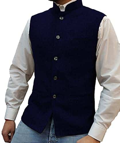 Tuikayoo HSLS Mens Herringbone Wool Vests Suit Business Tweed High Collar Waistcoats Slim Fit(Small, Navy)