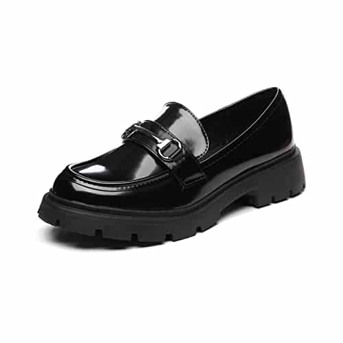Vera Creation Women's Chunky Platform Loafers with Chain or Buckle Patent Leather Casual Business Work Shoes Comfort Slip on (Black+Black Buckle )
