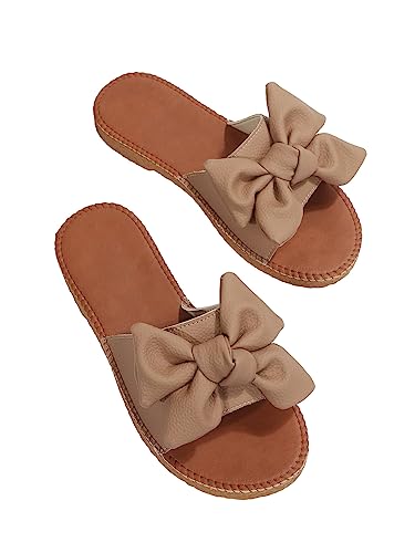 Verdusa Women's Open Toe Flat Sandals Bow Knot Slides Leather Summer Slippers Brown CN