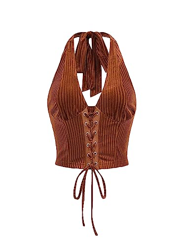 Verdusa Women's Sleeveless Halter Neck Lace Up Front Tie Back Crop Top Rust Brown S