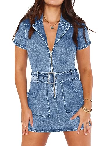 Wenrine Womens Summer Denim Dresses Bodycon Zipper Front Belted Sexy Mini Casual Dress with Pockets Light Blue