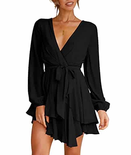 Womens Skater Dress Deep V Neck Lantern Sleeve Tie Waist Ruffle Mini Dress Black L