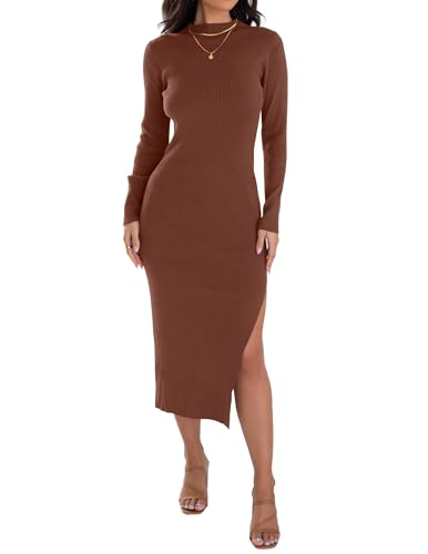ZESICA Women's Mock Neck Sweater Dresses Long Sleeve Side Slit Slim Fit Fall Elegant Ribbed Knit Midi Dress,Coffee,Small