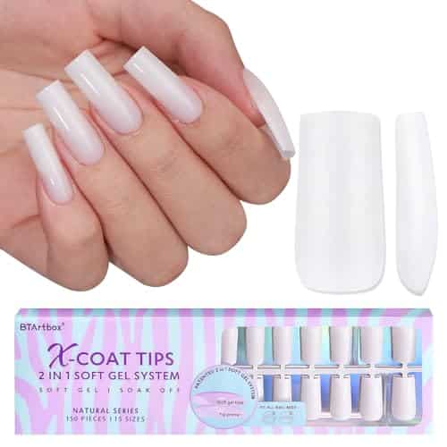 btartboxnails Square Gel Nail Tips Long   Pre Colored Milky White Soft Gel Nail Tips, Milky White Press on Nails, Natural XCOATTIPS Pre Applied Tip Primer