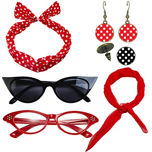 eforpretty 's Womens Costume Accessories Set   s Chiffon Scarf,Cat Eye Glasses,Bandana Tie Headband,Drop Dot Earrings (Red)