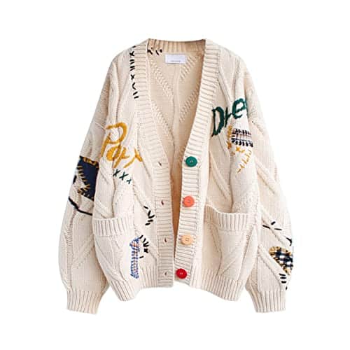 hathne Women's Knit Long Sleeve Open Front Cardigan Sheep V Neck Button Down Wool Sweater Coat (Beige M)