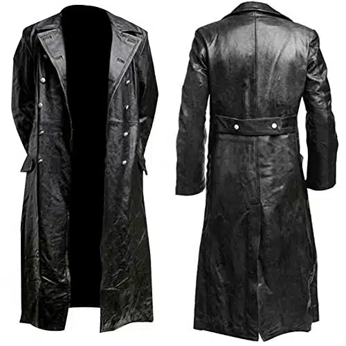 tuduoms Mens Vintage Classic W Officer Military Uniform Black Leather Trench Coat Jacket Long Trench Coat Motorcycle Jakcet