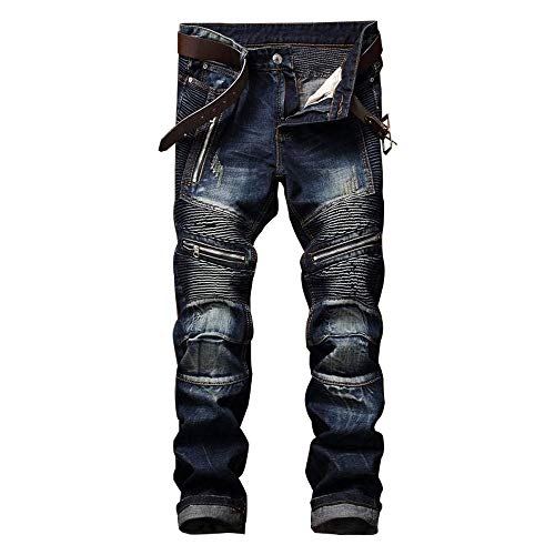 AITITIA Men's Biker Zipper Deco Washed Straight Fit Jeans ( x L, Dark Blue)