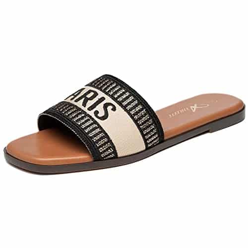 Athlefit Women's Slip On Flat Sandals Summer Embroidered Square Open Toe Black Gold Slide Sandals