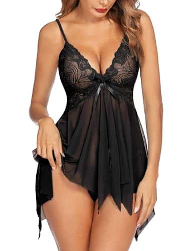Avidlove Babydoll Lingerie for Women Sexy Sleepwear Bridal Nightgown Lace Langeray(Black Medium)