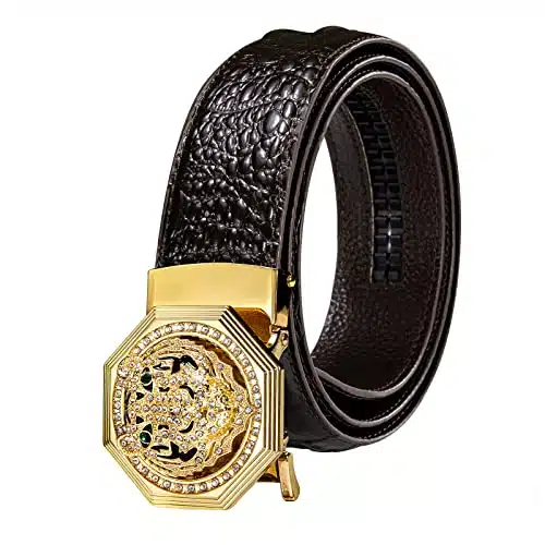 Barry.Wang Belt Mens Ratchet Buckle Brown Leather Belt Automatic Gift Gold Business Casual