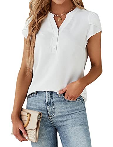Blooming Jelly Women's Dressy Casual Tops Business Work Blouses White Button Down Shirts Short Sleeve Summer V Neck Tshirt (White,Small)