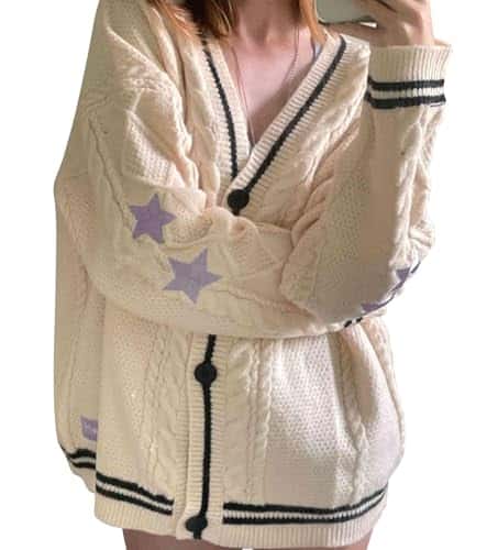CAMNOW Womens Knit Cardigan Sweater Star Print Button Down Knitwear Long Sleeve Open Front Concert Outwear Beige