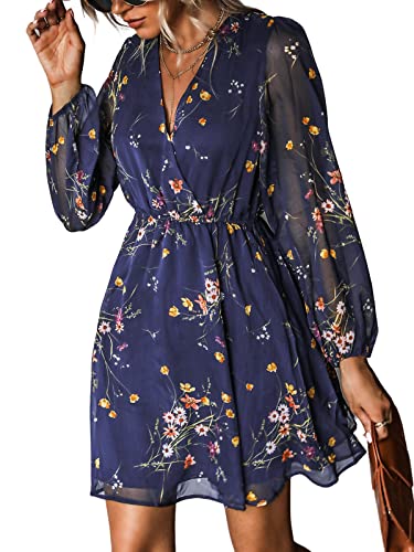CUPSHE Women's Floral Print Chiffon A Line Mini Dress Long Peasant Sleeves Elastic Autumn Dress,S