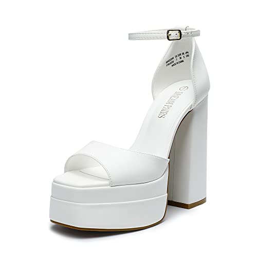 DREAM PAIRS White High Heels Chunky Block Platform Heels for Women Ankle Strap Sexy Open Square Toe Heels Dressy Pumps Sandals SDHS