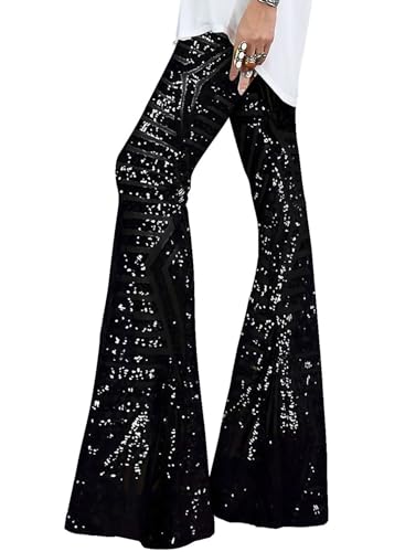 EVALESS Sequin Flare Pants for Women Sparkle Shiny High Waisted Wide Leg Trousers Bell Bottom Black L