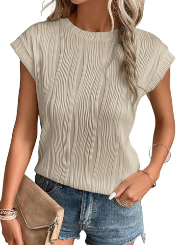 EVALESS Womens Short Sleeve Round Neck Spring Summer Textured Tops Fashion Trendy Casual Loose Fit T Shirts Tee Blouses Clothes Apricot Small