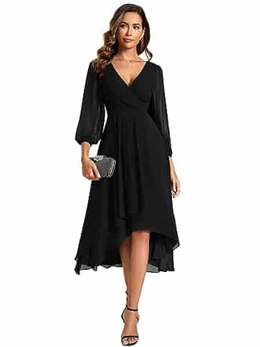 Ever Pretty Women's Chiffon Spring V Neck Long Sleeves Pleated A Line Midi Length Wedding Guest Dress Black