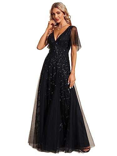 Ever Pretty Women's Sparkle A line Appliques Long Formal Occasion Dress Cockatil Gowns Black