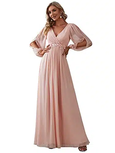 Ever Pretty Women's V Neck Long Sleeves Floor Length Ruched Chiffon Formal Dress Pink