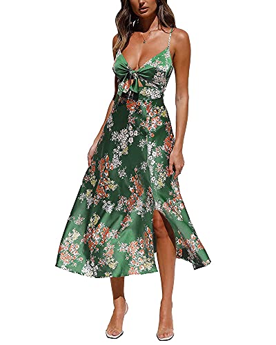 Fashionme Women Spaghetti Strap Midi Satin Dresses Tie Front Backless Split Summer Casual Floral Hollow Flowy Slip Sundress Wedding Guest Beach Cocktail Graduation