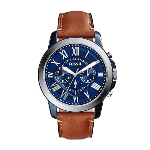 Fossil Men's Grant Quartz Stainless Steel and Leather Chronograph Watch, Color SilverBlue, Luggage (Model FS)