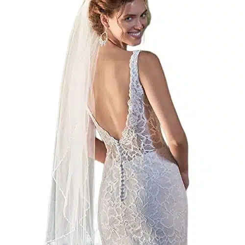 GAODESI Bridal Veil Pearls and Crystals Beaded Edge Tier Fingertip Length Wedding Veil with Comb VLight Ivory