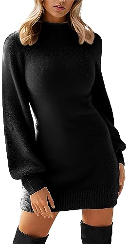 GRECERELLE Women's Mock Neck Ribbed Long Sleeve Bodycon Pullover Cute Mini Sweater Dress(Small, Black)